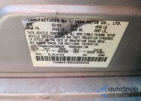 2004 Nissan Maxima Se из США, поврежденный, VIN 1N4BA41E64C809245